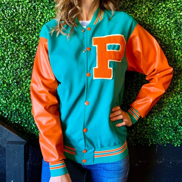 Vintage Jackets & Blazers - Letterman Leather P Snap Button Varsity Jacket